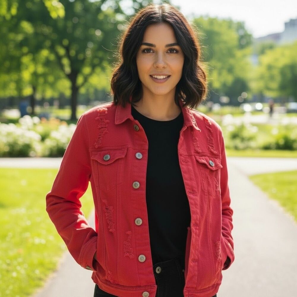 Copper Rivet Red Distressed Denim Jacket Women’s Small Button Front Stretch